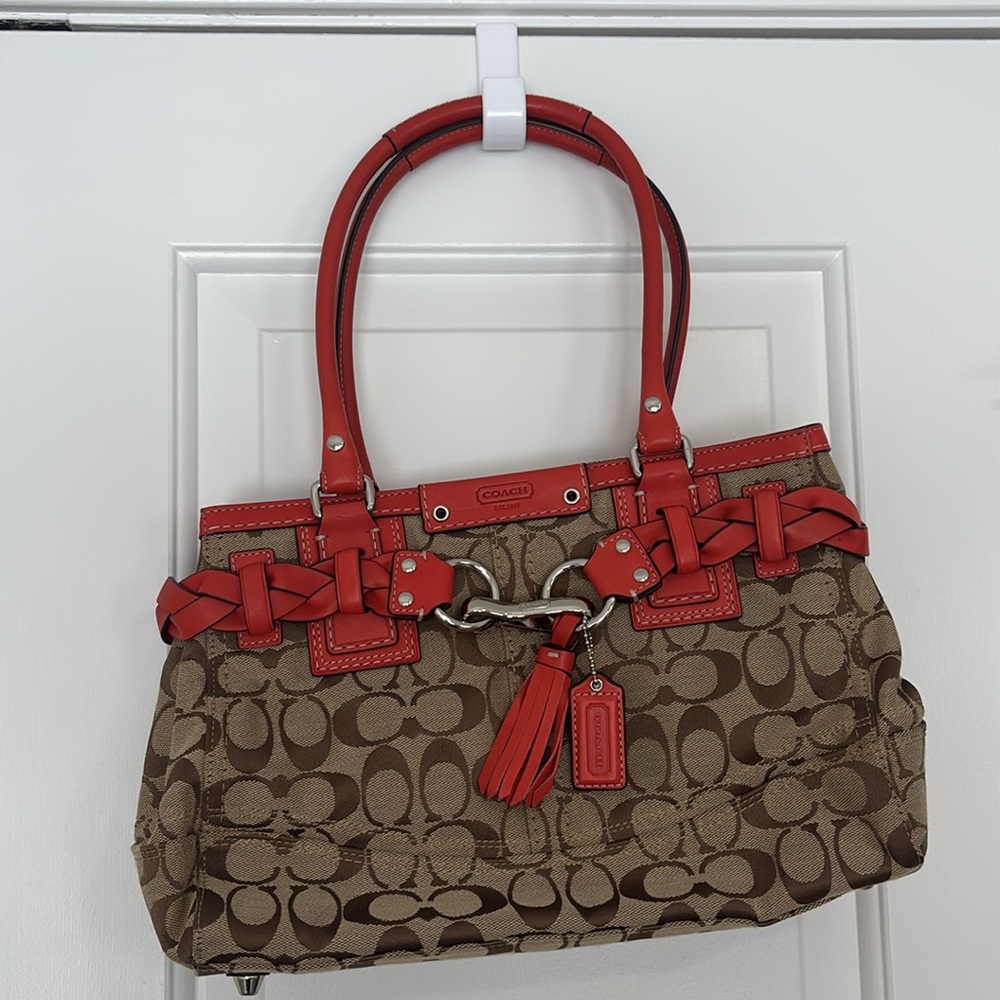 Coach Signature Hampton Braided Coral Trim Handbag